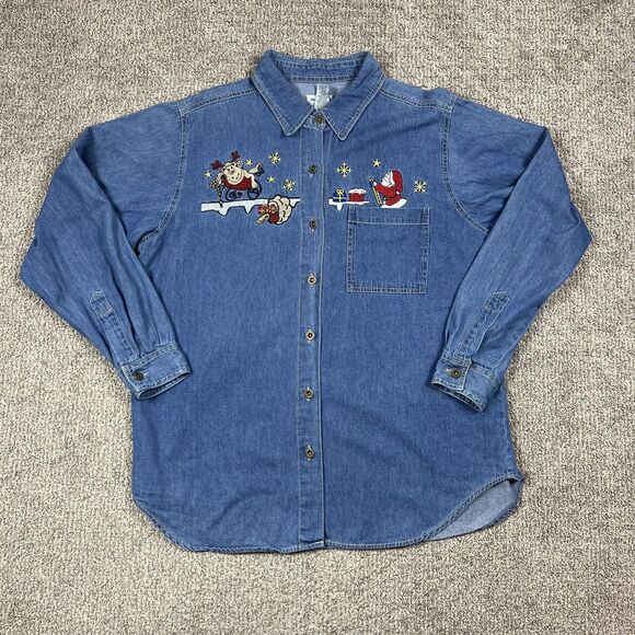 Vintage Tops - Vintage NutCracker Denim Shirt Womens Large Blue Christmas Santa Embroidered 90s